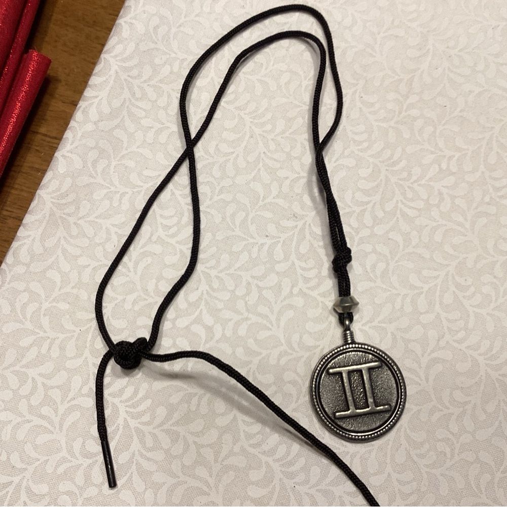 Zodiac Gemini Pendant Necklace in Antiqued Silvertone on Adjustable Chord
